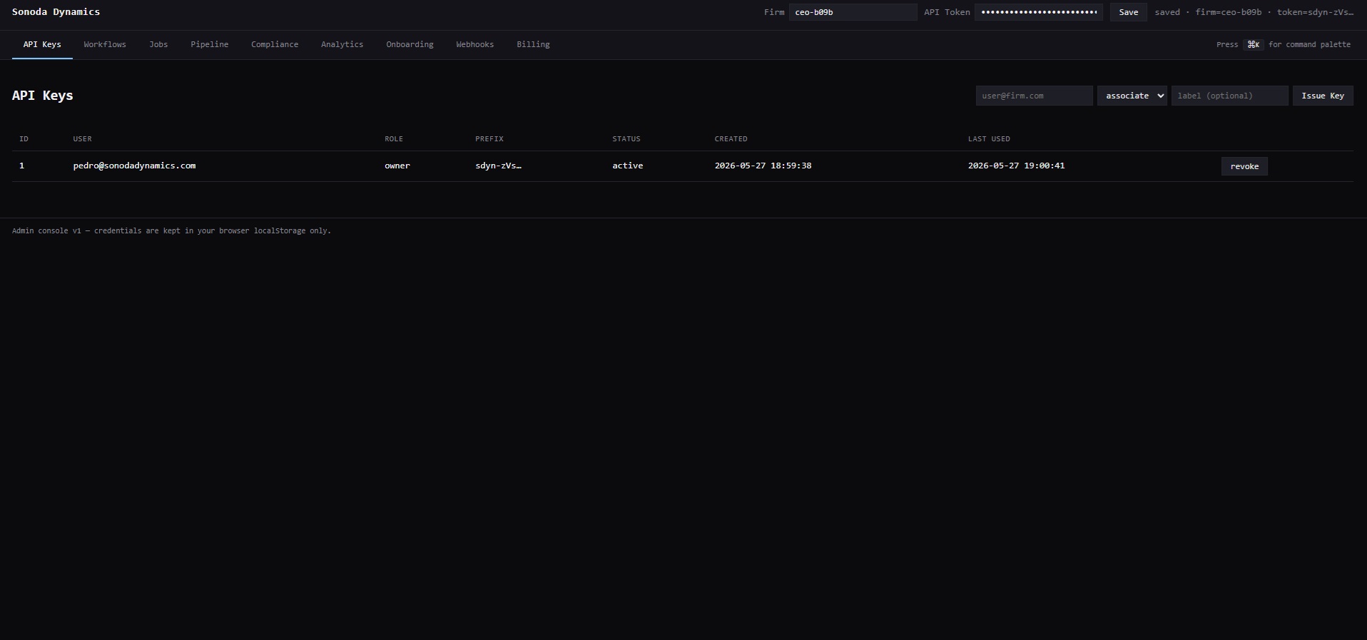Admin console — API keys list showing role binding, prefix-only display, status, audit timestamps