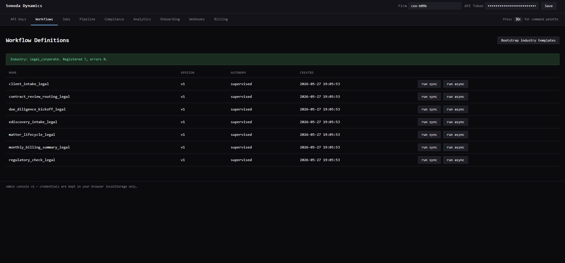 Workflow Definitions admin view showing 7 legal_corporate templates registered, versioned, and runnable